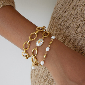 Bracelet Chaîne Rétro À Fleurs En Acier Inoxydable Étanche Couleur Or Pour Femme (1 Pièce) h5 Image3