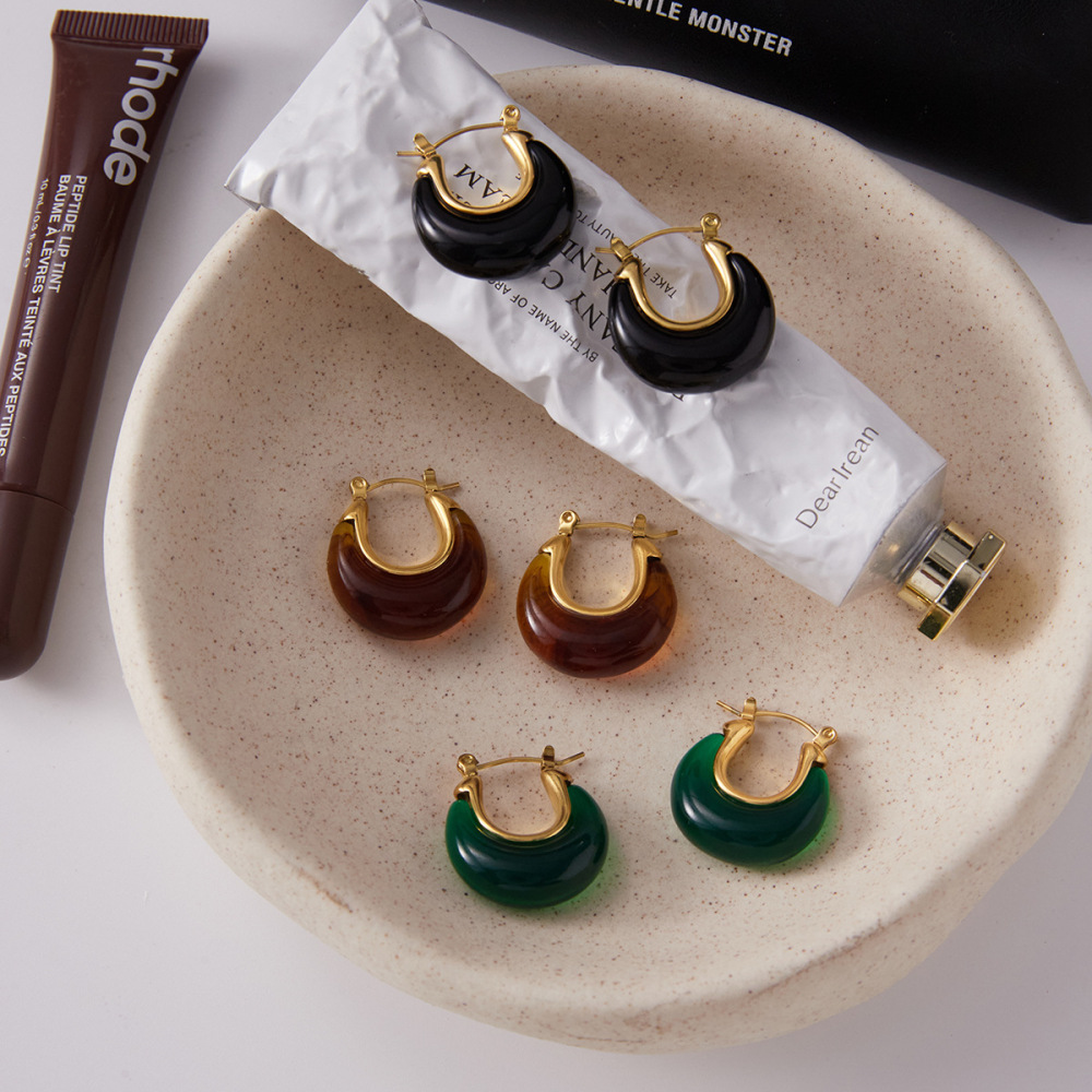 1 Paire De Boucles D'Oreilles Créoles Classiques En Résine Couleur Or Pour Femme h5Image4