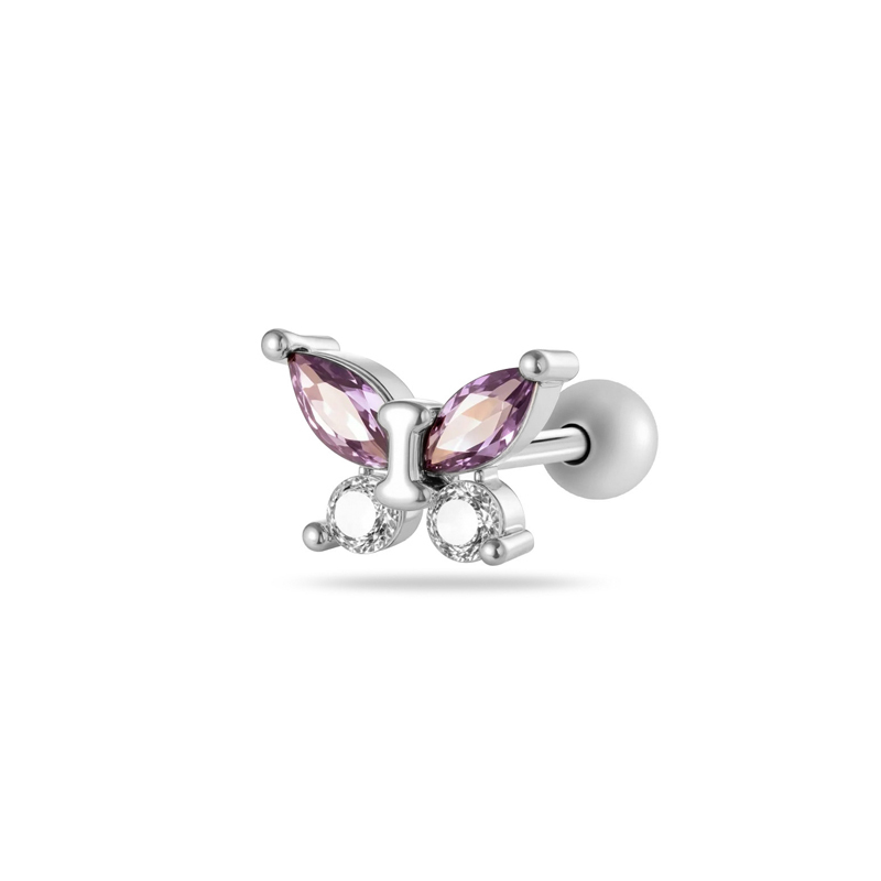 Boucles D'Oreilles Piercing Papillon Violet En Cuivre Et Zircone Pour Femme, 1 Pièce 