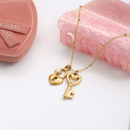 Collier pendentif femme Sweet Heart Key&Lock en acier inoxydable étanche couleur or (1 pièce) 2