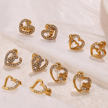 1 paire de boucles d'oreilles piercing en forme de cœur, en acier inoxydable étanche, couleur or, ornées de strass