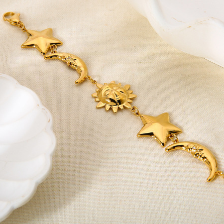 Bracelet classique soleil et lune en acier inoxydable étanche couleur or pour femme (1 pièce) 2