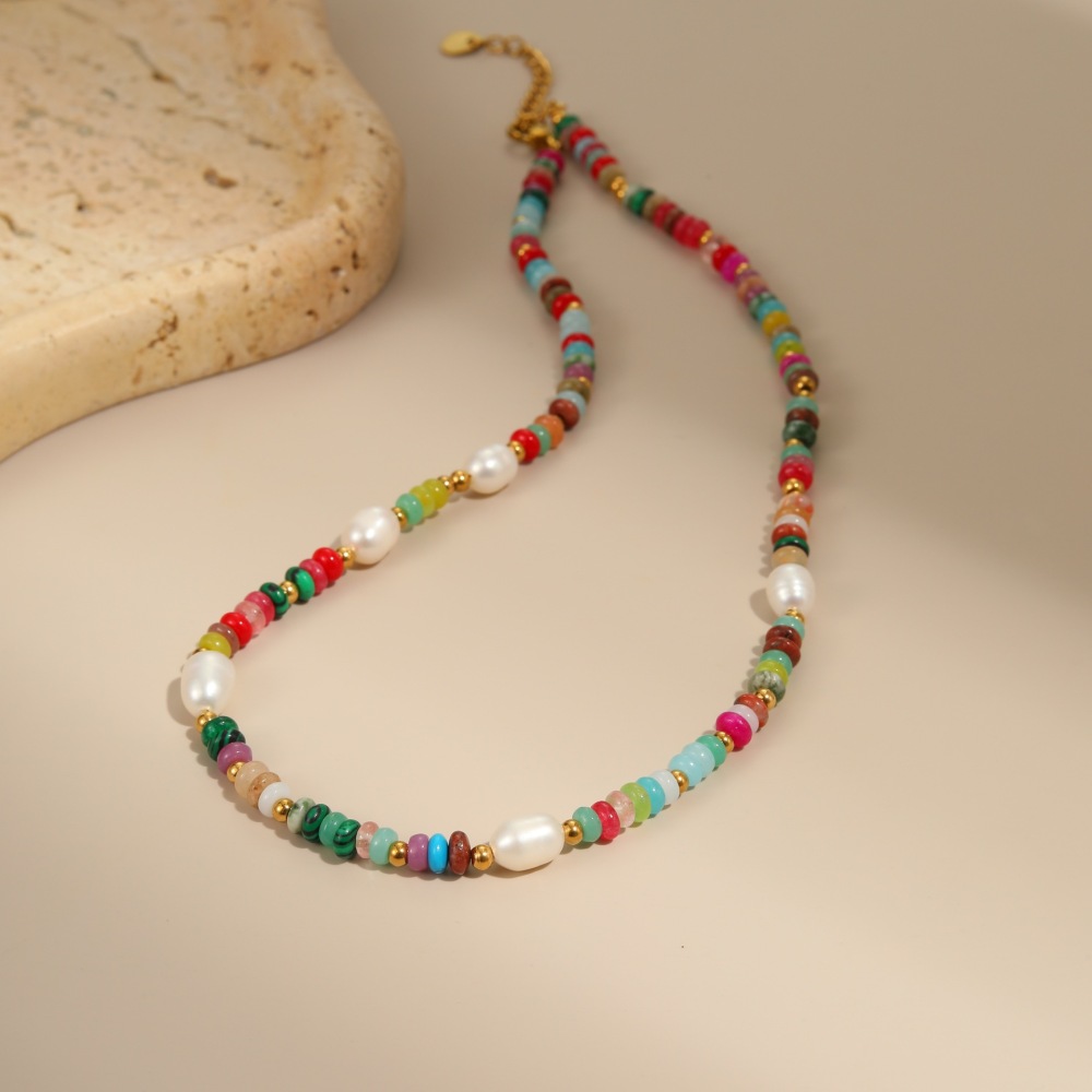 Collier À Maillons Ethnique Bohème En Acier Inoxydable, Couleur Or, Avec Perles Et Structure Imperméable (1 Pièce) Image4