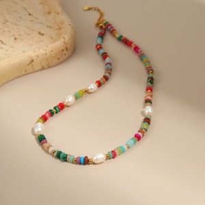 Collier À Maillons Ethnique Bohème En Acier Inoxydable, Couleur Or, Avec Perles Et Structure Imperméable (1 Pièce) h5 Image4
