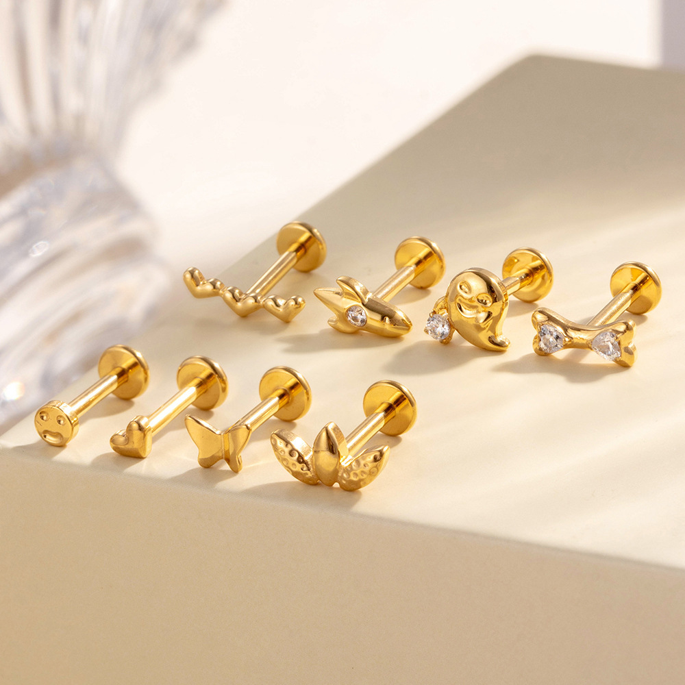 Boucles D'Oreilles Percées En Forme De Cœur Et De Papillon Pour Femme, En Alliage De Titane, Couleur Or Et Zircone Image4