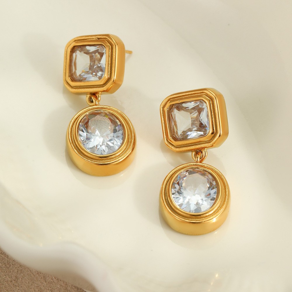 Boucles D'Oreilles Pendantes Élégantes Et Luxueuses En Forme De Cœur Et De Trèfle, Rectangulaires, En Acier Inoxydable Étanche, Couleur Or, Pour Femme (1 Paire). Image4