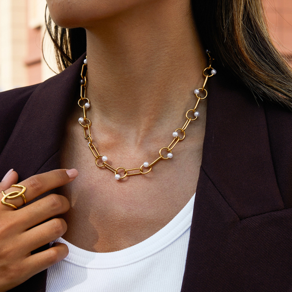 Collier Élégant Pour Femme, En Acier Inoxydable Doré, Avec Chaîne Ronde Et Étanche (1 Pièce) Image4