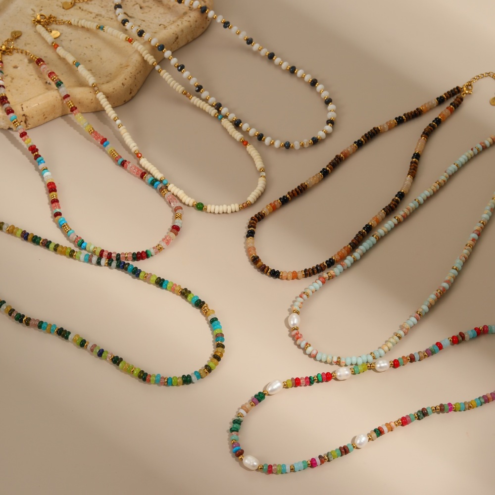 Collier À Maillons Ethnique Bohème En Acier Inoxydable, Couleur Or, Avec Perles Et Structure Imperméable (1 Pièce) Image3