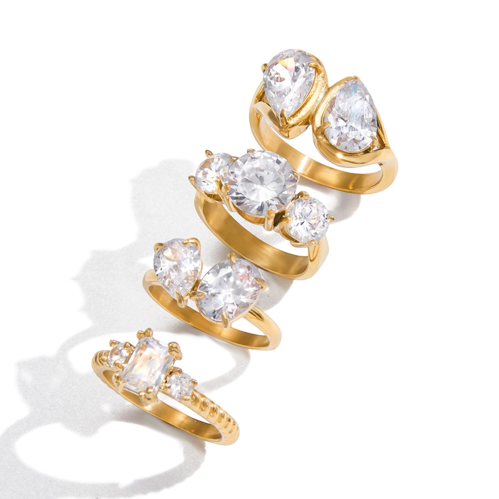 Bague Pour Femme En Acier Inoxydable Doré, Étanche, Ornée D'Un Zircon Et D'Une Goutte Brillante (1 Pièce). Image6