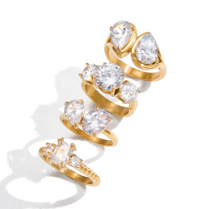 Bague Pour Femme En Acier Inoxydable Doré, Étanche, Ornée D'Un Zircon Et D'Une Goutte Brillante (1 Pièce). h5 Image6