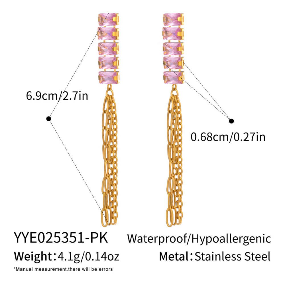 1 Paire De Boucles D'Oreilles Pendantes Luxueuses À Pompons, En Acier Inoxydable Étanche, Couleur Or Et Zircon. 