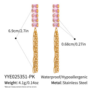 1 Paire De Boucles D'Oreilles Pendantes Luxueuses À Pompons, En Acier Inoxydable Étanche, Couleur Or Et Zircon. h5 