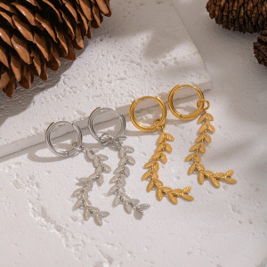 Boucles D'Oreilles Pendantes Décontractées À Pompons Et Feuilles, En Acier Inoxydable Étanche, Couleur Or (1 Paire). h5 Image4