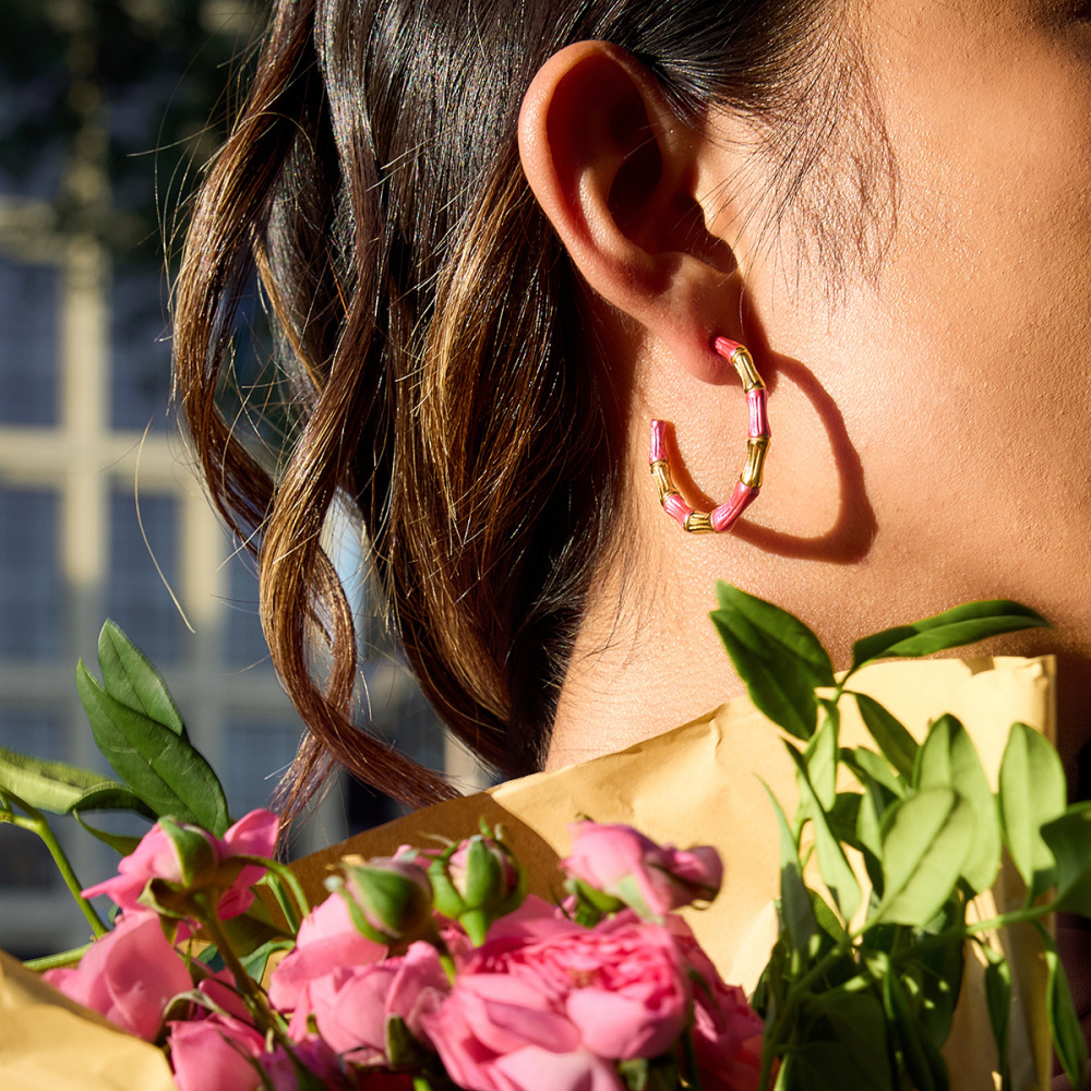 1 Paire De Boucles D'Oreilles Créoles Pour Femmes, En Acier Inoxydable Rose Et Doré, Avec Joint En Bambou. Image2