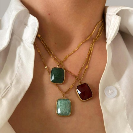 Collier pendentif en acier inoxydable avec pierre naturelle, 1 pièce
