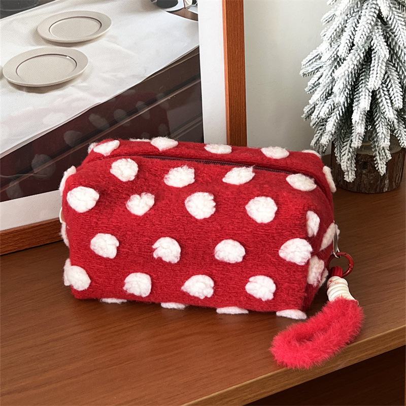 Trousse De Maquillage En Peluche À Pois Pour Femme, Série Romantique, 1 Pièce