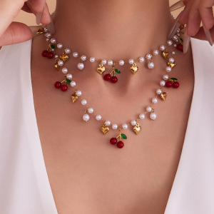 Ensembles De Bijoux Fantaisie Pour Femmes En Acier Inoxydable, Couleur Or, Motif Cœur Et Cerise h5 Image3
