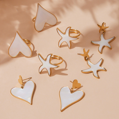 Ensembles de bijoux élégants pour femmes, en acier inoxydable, couleur or, en forme de cœur et de coquillage 2