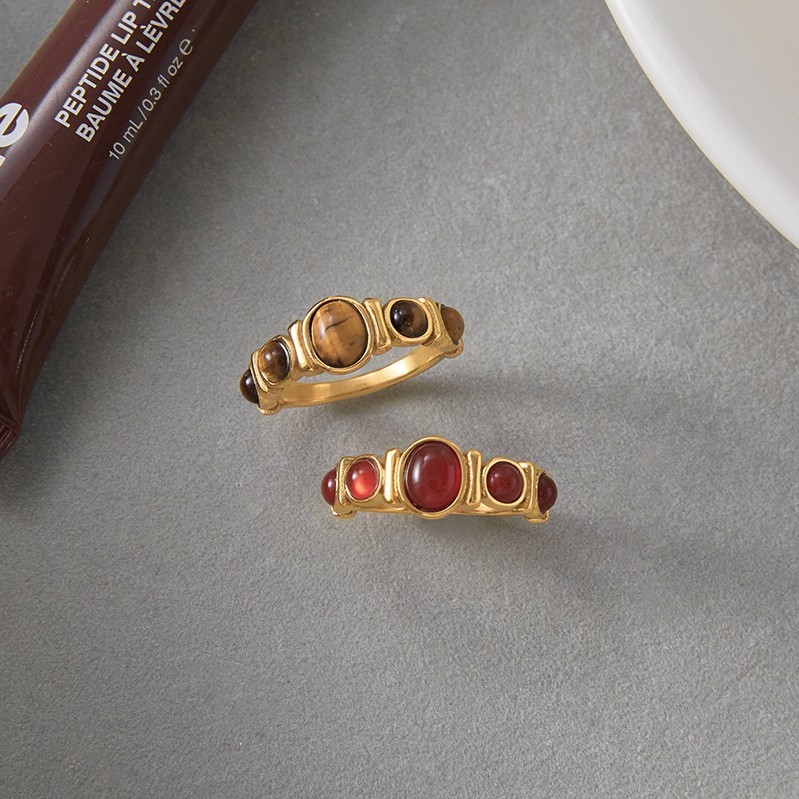 Bague Classique Ronde Pour Femme En Acier Inoxydable, Étanche, Couleur Or, Avec Pierre Naturelle (1 Pièce). Image2