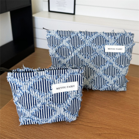 Trousse de maquillage simple en denim à franges et motif damier pour femme, 1 pièce 2