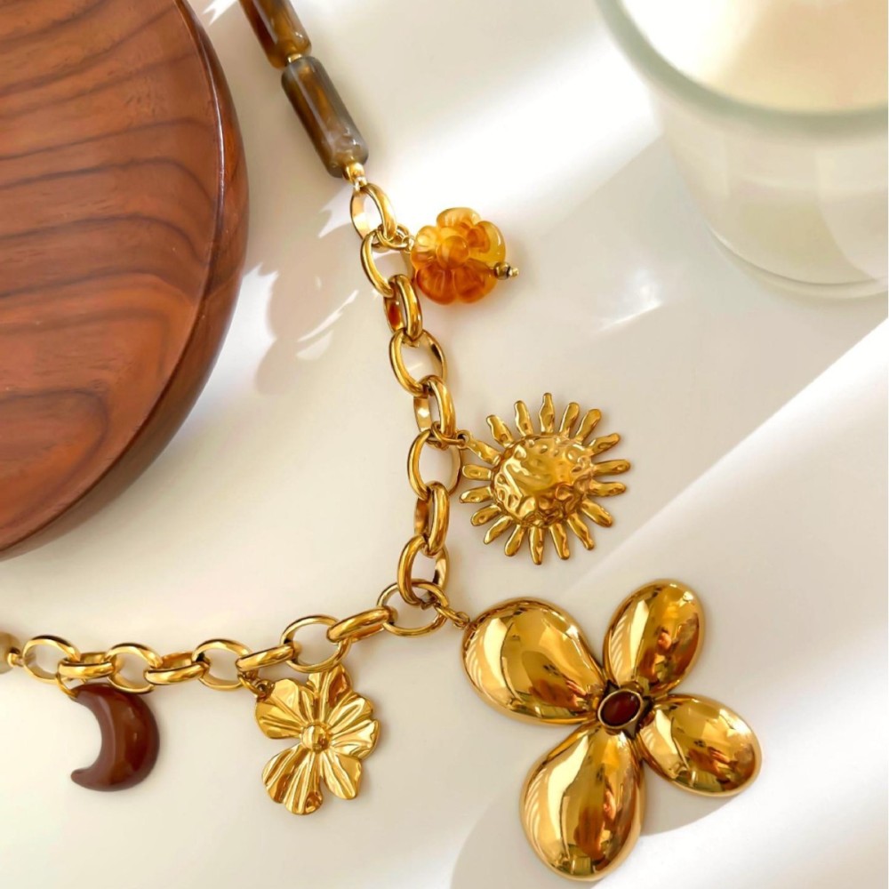 Collier Pendentif En Résine En Forme De Fleur, Soleil Et Lune, 1 Pièce Image4
