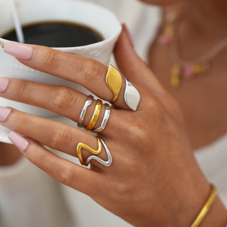 Bague pour femme en acier inoxydable, 1 pièce, couleurs or et argent mélangées 2