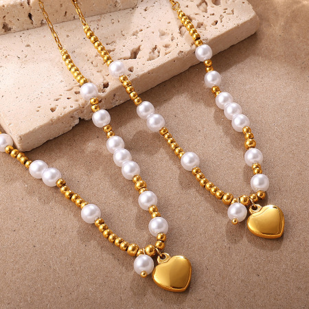 Collier en acier inoxydable doré, imperméable, avec perles et cœur (1 pièce). 2