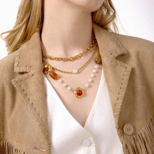 Collier Pendentif Femme Rétro En Acier Inoxydable, Couleur Or, Avec Pendentif Floral En Acrylique (1 Pièce) h5 Image3