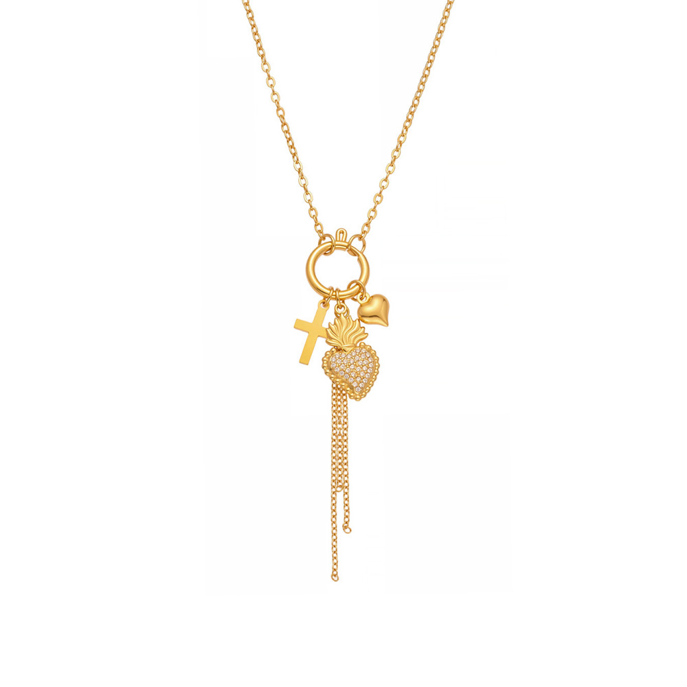 Collier Pendentif Femme En Acier Inoxydable Doré, Orné D'Un Zircon Et D'Un Pompon En Forme De Cœur 