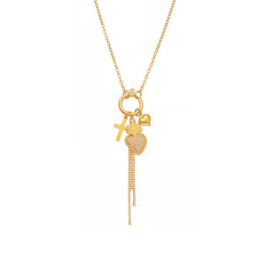 Collier Pendentif Femme En Acier Inoxydable Doré, Orné D'Un Zircon Et D'Un Pompon En Forme De Cœur h5 