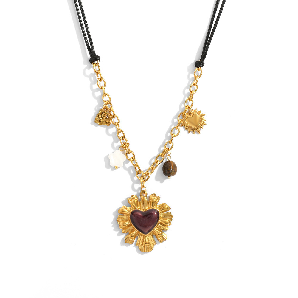 Collier Pendentif Rétro Quotidien En Forme De Cœur Et De Fleur, En Acier Inoxydable Étanche, Pour Femme (1 Pièce) Image5