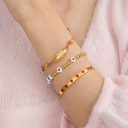 Bracelet manchette romantique en acier inoxydable doré avec cœur rouge (1 pièce)