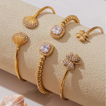 Bracelet manchette pour femme en acier inoxydable doré, orné d'un zircon et d'un coquillage exquis (1 pièce). 2