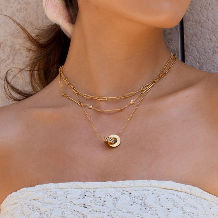 Collier pendentif double cercle luxueux pour femme, en acier inoxydable étanche, couleur or (1 pièce)