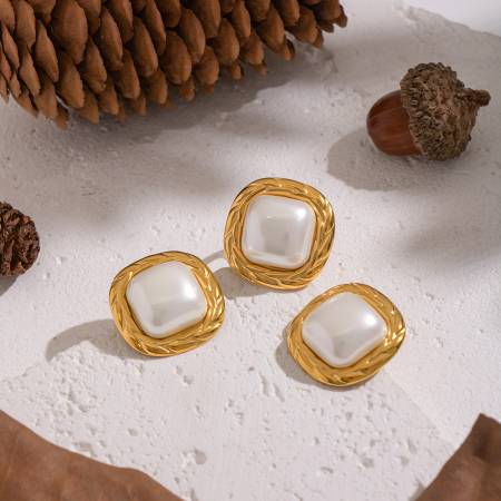 Ensemble de boucles d'oreilles élégantes en acier inoxydable doré et perles, imperméables. 2