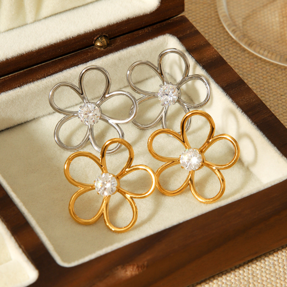 1 Paire De Boucles D'Oreilles À Clous En Acier Inoxydable Doré, Imperméables, Avec Zircon Et Motif Floral h5Image5