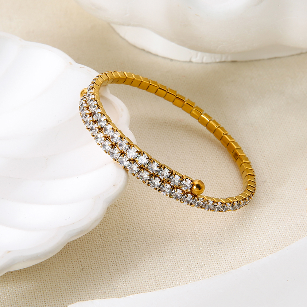 Bracelet Manchette De Luxe En Acier Inoxydable, Étanche, Couleur Or, Orné De Zircon (1 Pièce). Image3
