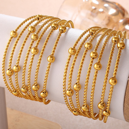 Bracelet manchette rétro multicouche à motif torsadé en acier inoxydable étanche couleur or (1 pièce) 2