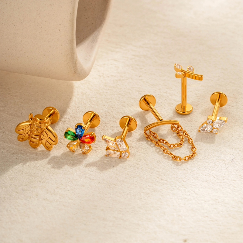 Boucles D'Oreilles Percées En Alliage De Titane Et Zircone Doré Pour Femme, 1 Pièce Image3
