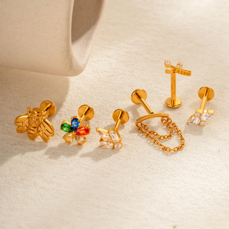 Boucles D'Oreilles Percées En Alliage De Titane Et Zircone Doré Pour Femme, 1 Pièce 2