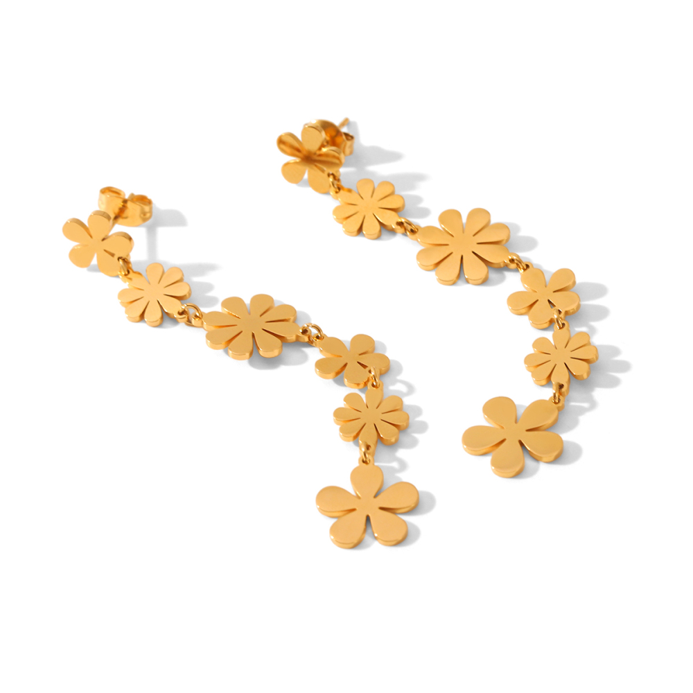 1 Paire De Boucles D'Oreilles Pendantes En Acier Inoxydable Doré, Imperméables, À Motif Floral