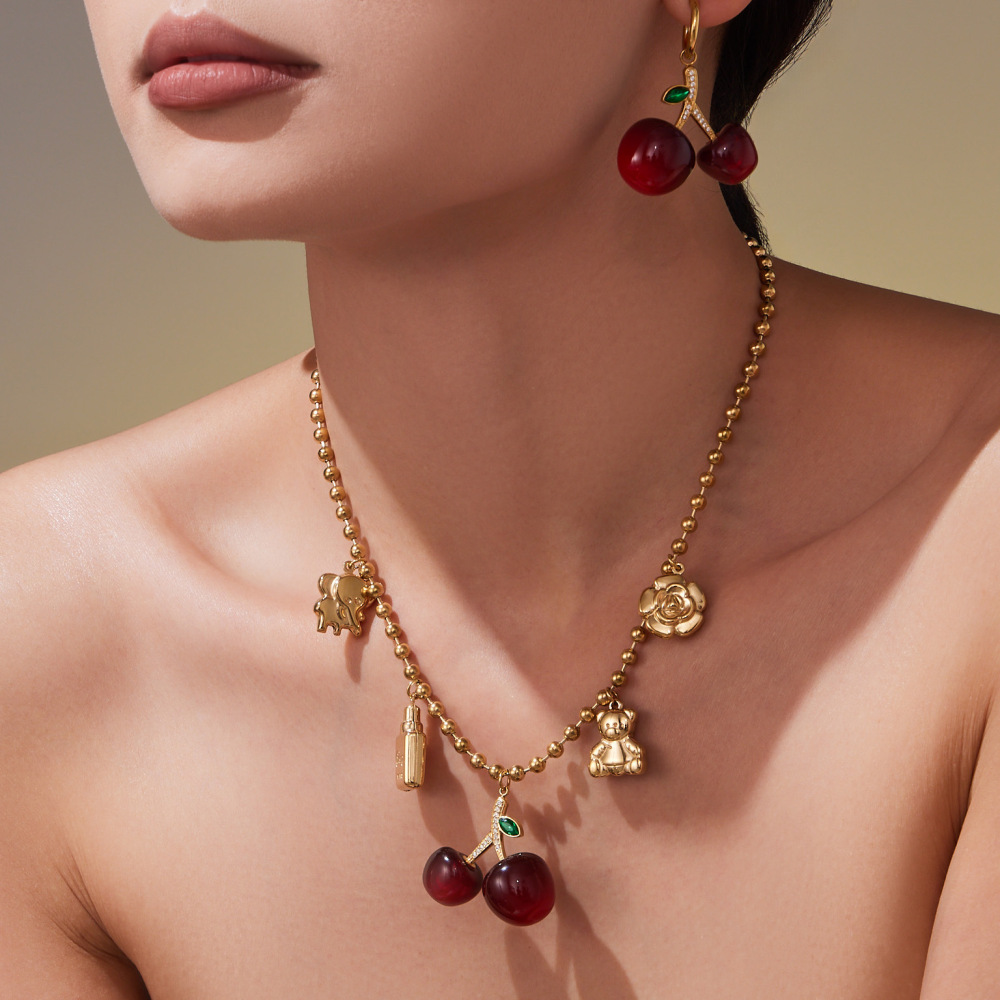 Ensembles De Bijoux Pour Femmes En Acier Inoxydable, Couleur Or, Avec Zircon Et Cerise Douce Image3
