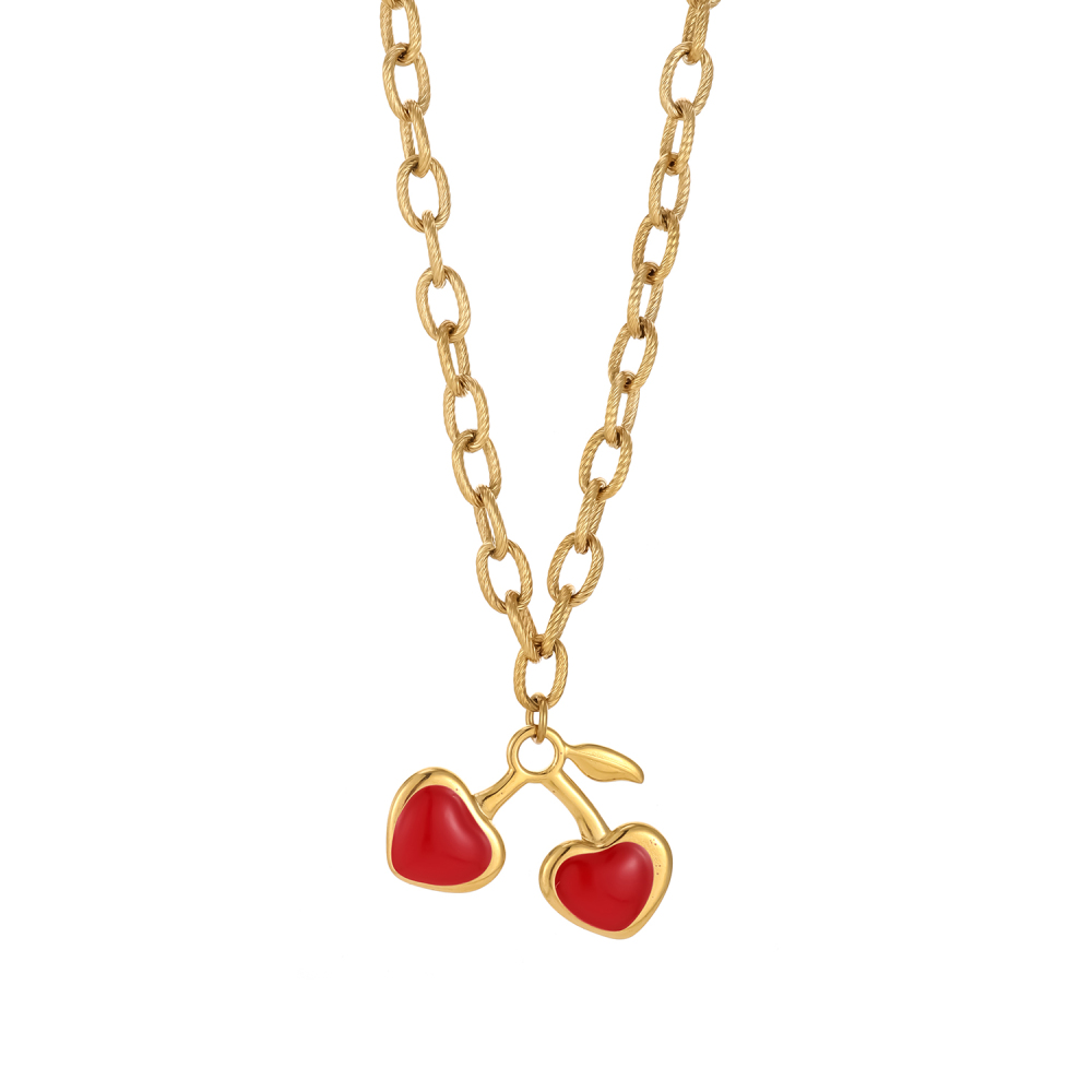 Collier Pendentif Femme En Acier Inoxydable Étanche, Motif Cœur Cerise, 1 Pièce, Série Rouge Image6