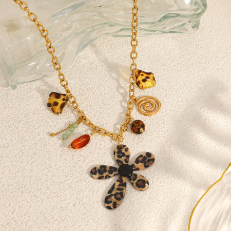 Collier pendentif femme en acier inoxydable étanche, motif floral ethnique léopard (1 pièce) 2
