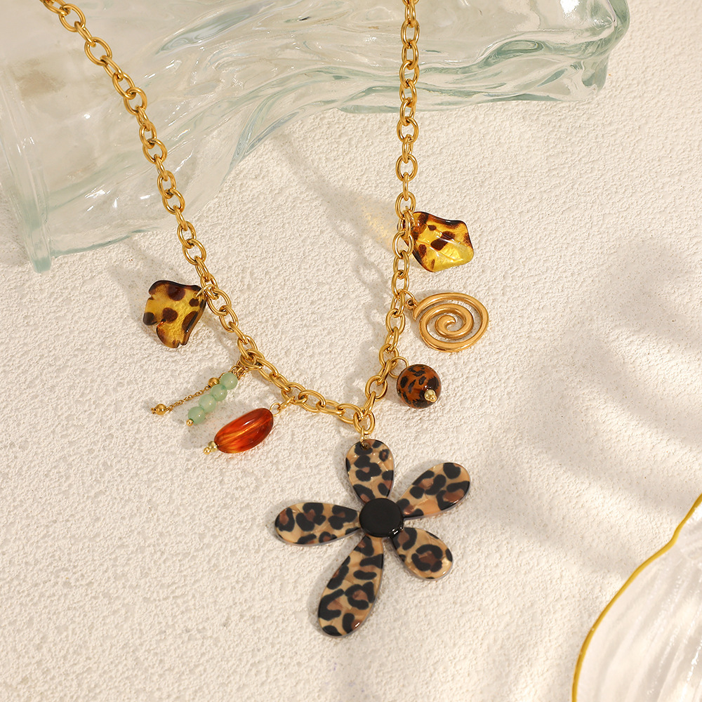 Collier Pendentif Femme En Acier Inoxydable Étanche, Motif Floral Ethnique Léopard (1 Pièce) h5Image2