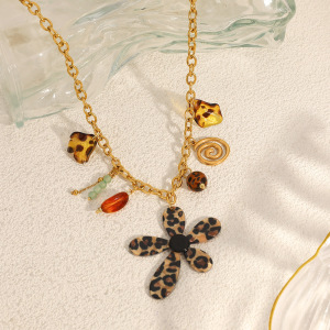 Collier Pendentif Femme En Acier Inoxydable Étanche, Motif Floral Ethnique Léopard (1 Pièce) h5 Image2
