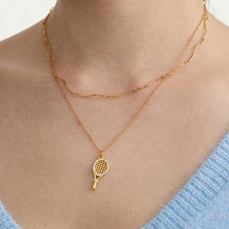 Collier pendentif femme en forme de raquette de tennis, en acier inoxydable imperméable, couleur or et zircon.