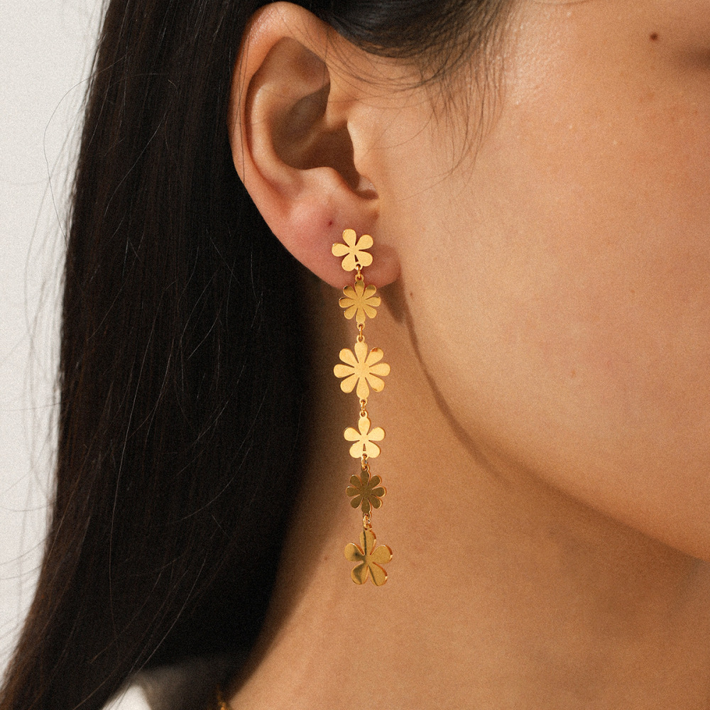 1 Paire De Boucles D'Oreilles Pendantes En Acier Inoxydable Doré, Imperméables, À Motif Floral Image3