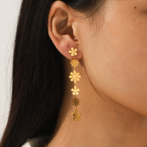 1 Paire De Boucles D'Oreilles Pendantes En Acier Inoxydable Doré, Imperméables, À Motif Floral h5 Image3