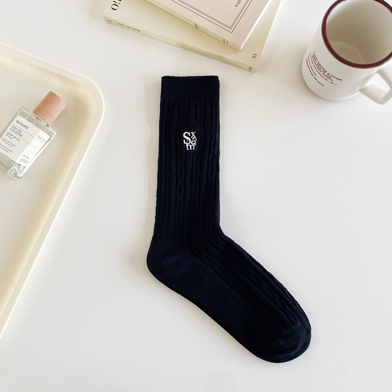 1 Paire De Chaussettes Mi-Mollet En Pur Coton Avec Lettres Brodées Pour Femme